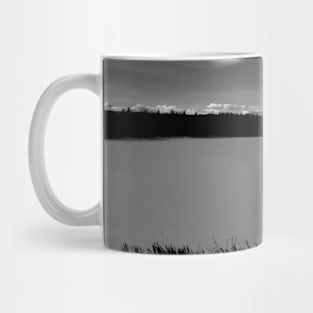 Winter scene towards the mountains in black and white Mug